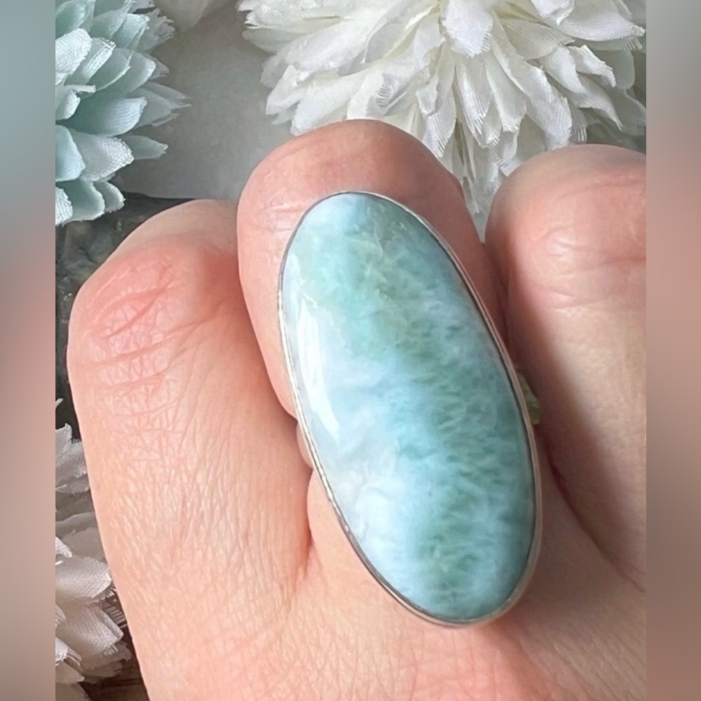 Chunky Long Larimar Ring Size 7.5 Vintage Style 925 Sterling Silver Handmade New - Picture 1 of 6